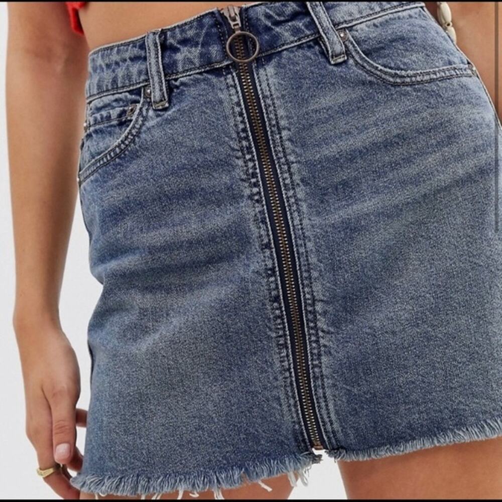 We The Free by Free People Front Zip Denim Mini Skirt with Raw Frayed Hem